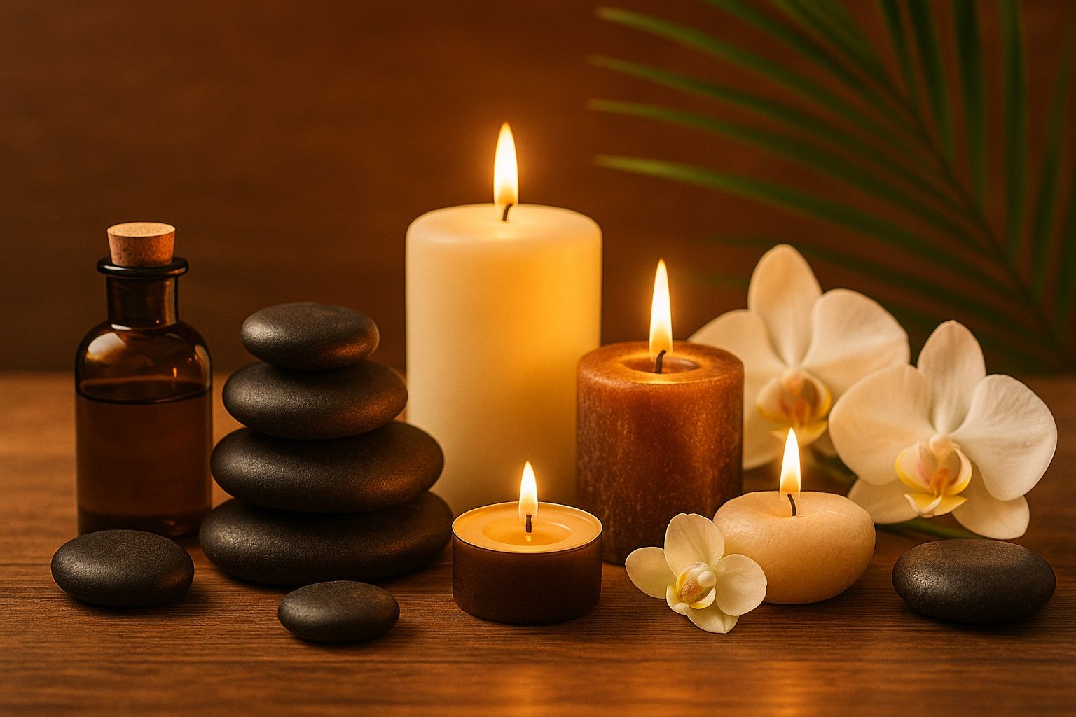 Spa stones with candles, oil and flowers